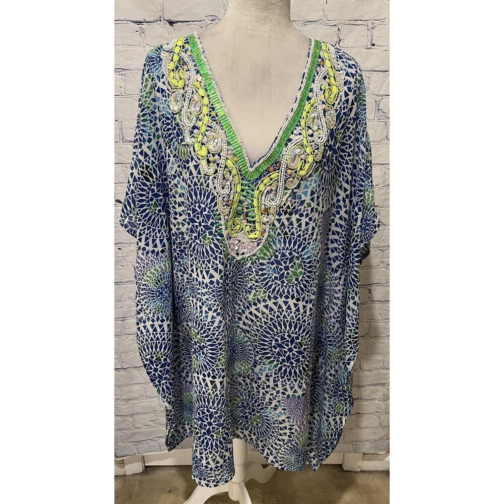 LUCKY & COCO Blue Geometric, Print Beach Boho Swim Beaded Neckline Coverup XL